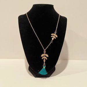 Gold Tone Leaf Green Tassel Necklace with Matching Tassel Earnings